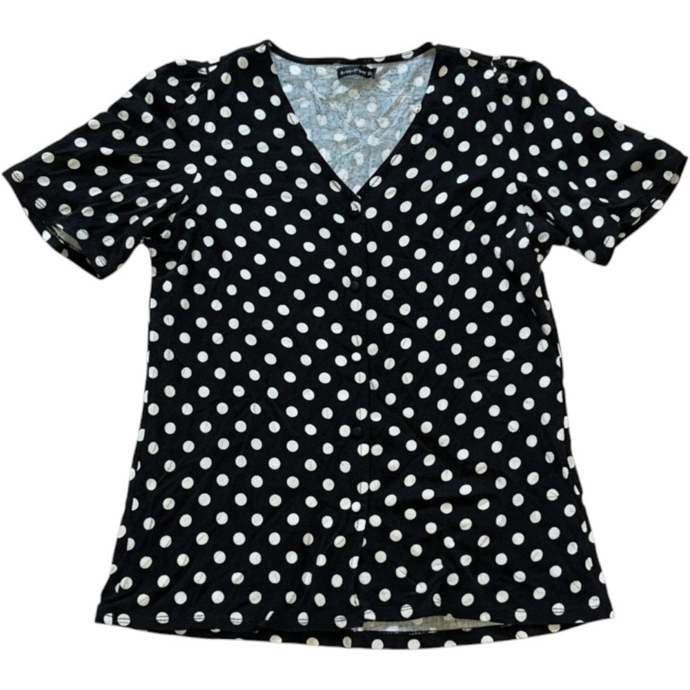 Black Cream Polka Dot Puff Sleeve Linen Blend V-Neck Blouse Flutter Sleeve